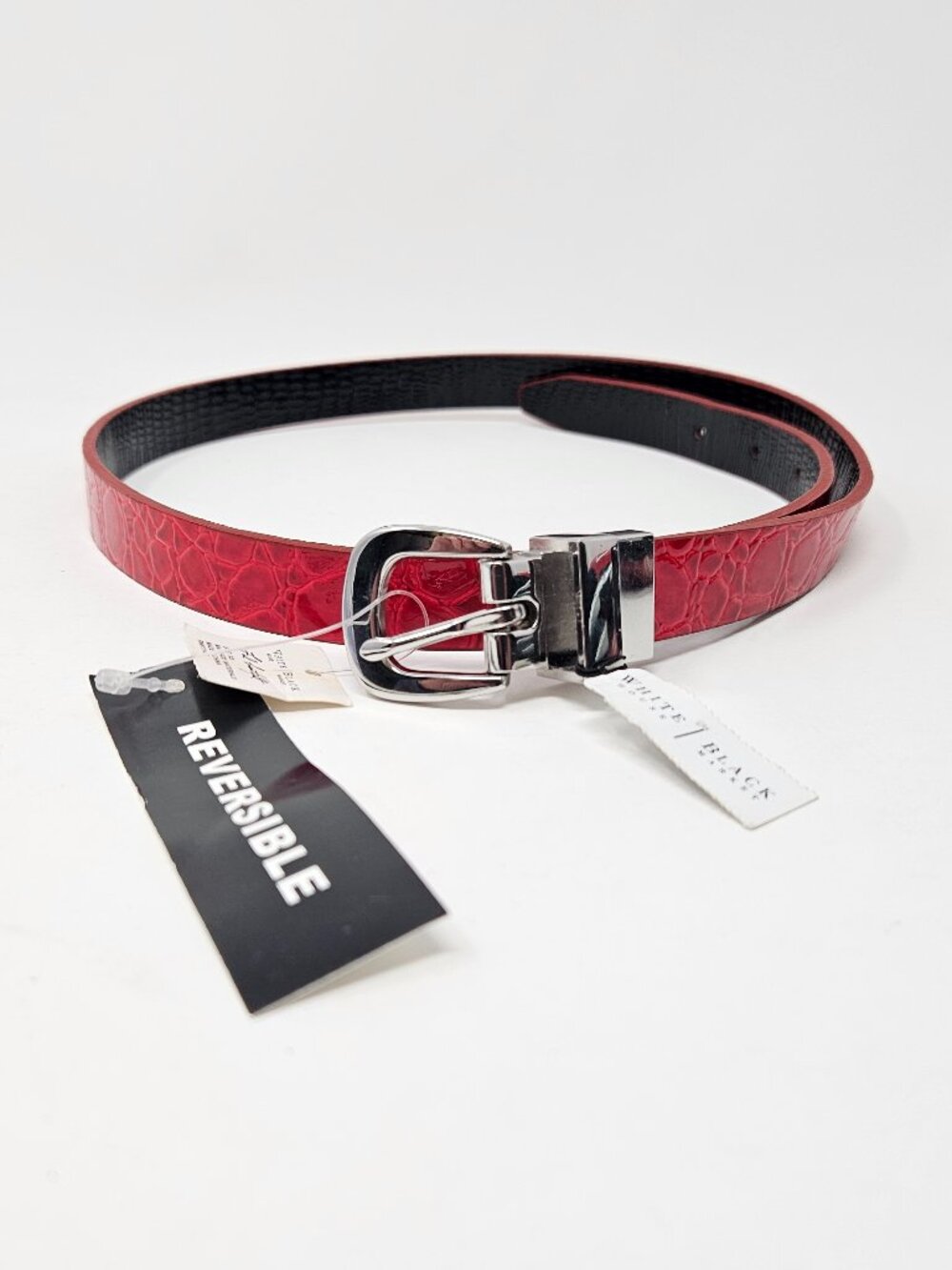 NWT White House Black Market Sz XS Red Black Reversible Alligator Crocodile Belt